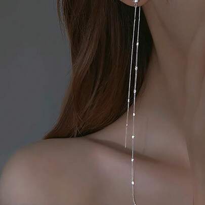 1 Pair Elegant Fashion High-End European And American Luxury Long Tassel Earrings, Unique Design With Copper Material And Zirconia Stones, Suitable For Women's Party, Gathering, And Holiday Wear