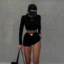 Women's Knitted Round Neck Long Sleeve Solid Color T-Shirt And Shorts Set With Simple Lettering Two-Piece Set - Black - View 8