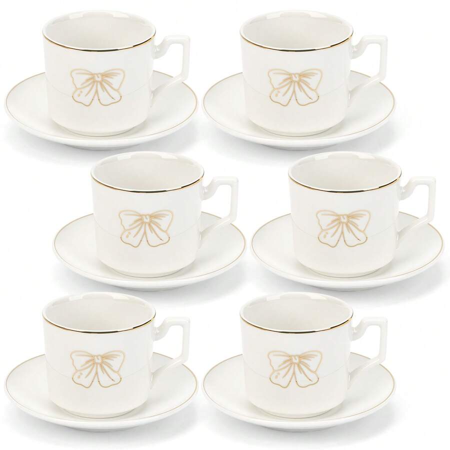 6 Pack 3.4oz White Porcelain Cappuccino Cups – Coffee Cup & Saucer Set With Gold Trim, Dishwasher For Latte, Mocha, Tea & More - White - View 1