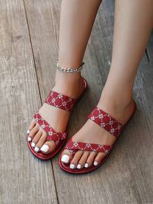 Fashionable Printed Flat Sandals, Artistic Print Geometric Pattern Outdoor Summer Sandals - Red - View 9