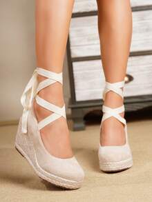 Giày đế xuồng và đế cao kiểu espadrille cho nữ, sandal quai ngang dệt màu đen mũi tròn thích hợp cho kỳ nghỉ biển, đế dây thừng co giãn, kết hợp với giày nữ. - Màu be - Xem 5