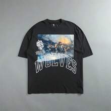 DARCSPORT Oversized Wolf Head Print  Loose-Fitting Pure Cotton Unisex Couple's Short-Sleeve T-Shirt - 白色 - 查看 7