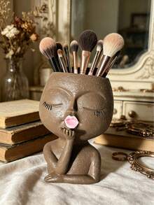 1pc Makeup Brush Holder, Cute Girl Design Pen Holder, Multi-Functional Plastic Vase Style Makeup Brush Storage Box, Suitable For Living Room And Office Desk - A - View 9