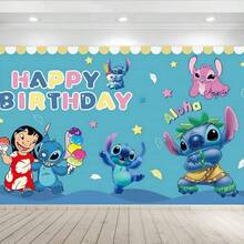 Disney 史迪奇主题生日摄影背景布，史迪奇拍照背景挂毯，卡通生日派对装饰 - 如圖 - 查看 19