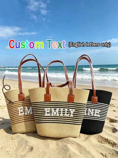 1 chiếc túi đeo vai bằng rơm cá nhân hóa, túi tote đeo chéo đa năng, túi xách công sở dung tích lớn với chữ thêu, túi xách tay dành cho nữ.