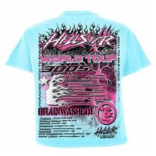 HELLSTAR Men's Brainwashed 3005 World Tour Graphic Oversized T-Shirt, Casual Cotton Short Sleeve Tee - 淺藍色 - 查看 3