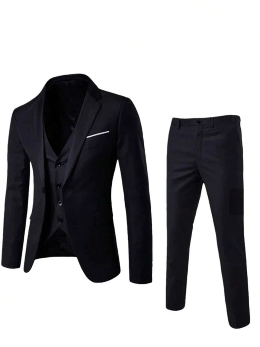 Men's Business Suit Set Professional Formal Wear Two-Piece Slim-Fit Suit Korean Style Best Man & Groom Wedding Attire - 一扣黑色外套+馬甲+西裝褲 - 查看 1
