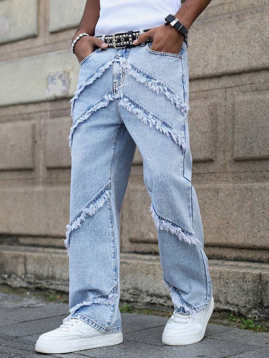 Jeans de mezclilla con parches y deshilachados, estilo urbano para hombres - Lavado ligero - Ver 1