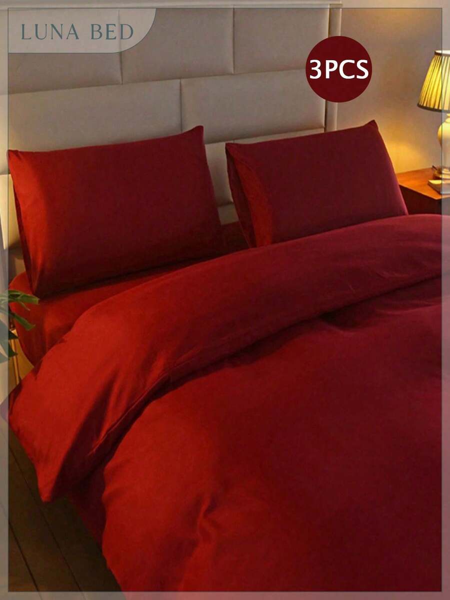 Juego de ropa de cama de 3 piezas de unicolor: suave y cómodo, adecuado para dormitorio, hotel, dormitorio y decoración navideña - Rojo - Ver 1