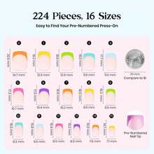 Beetles 224 Pcs 7 Colors Summer Press On Nails, French Tip Nails Short Square Classic Fake Nail Tips, Rainbow Soft Nail Gel False Nails Art DIY For Women - 224Pcs S Square-Summer Fruity Cake French - 查看 6