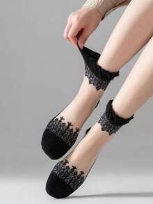 1/3/5 Pairs Random Black Lace Trim Mesh Breathable Women Ankle Socks, Spring/Summer - Black - View 3