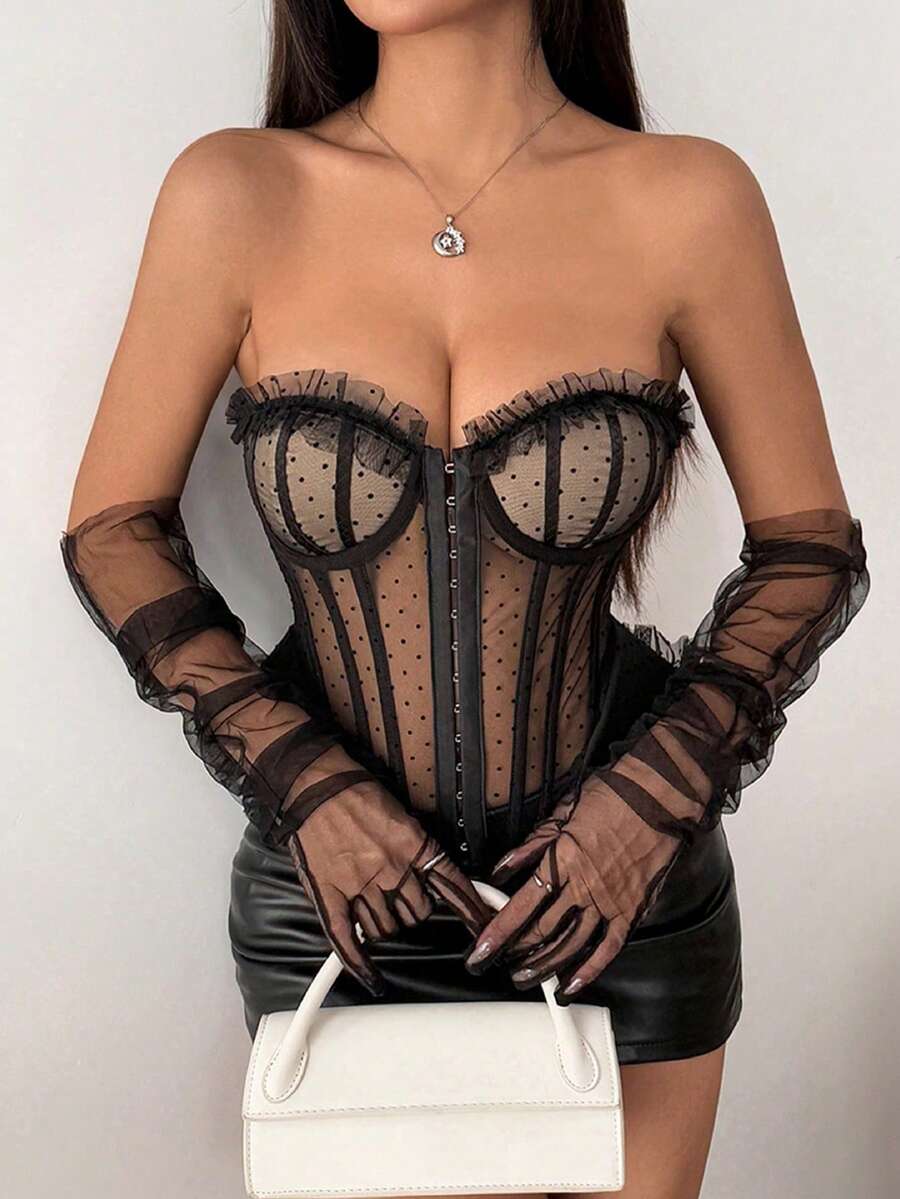 Polka Dot Party Item, Lightweight Sheer Lace Sexy Semi-Transparent Boned Tight Camisole Camisole Corset For Women - Black - View 1