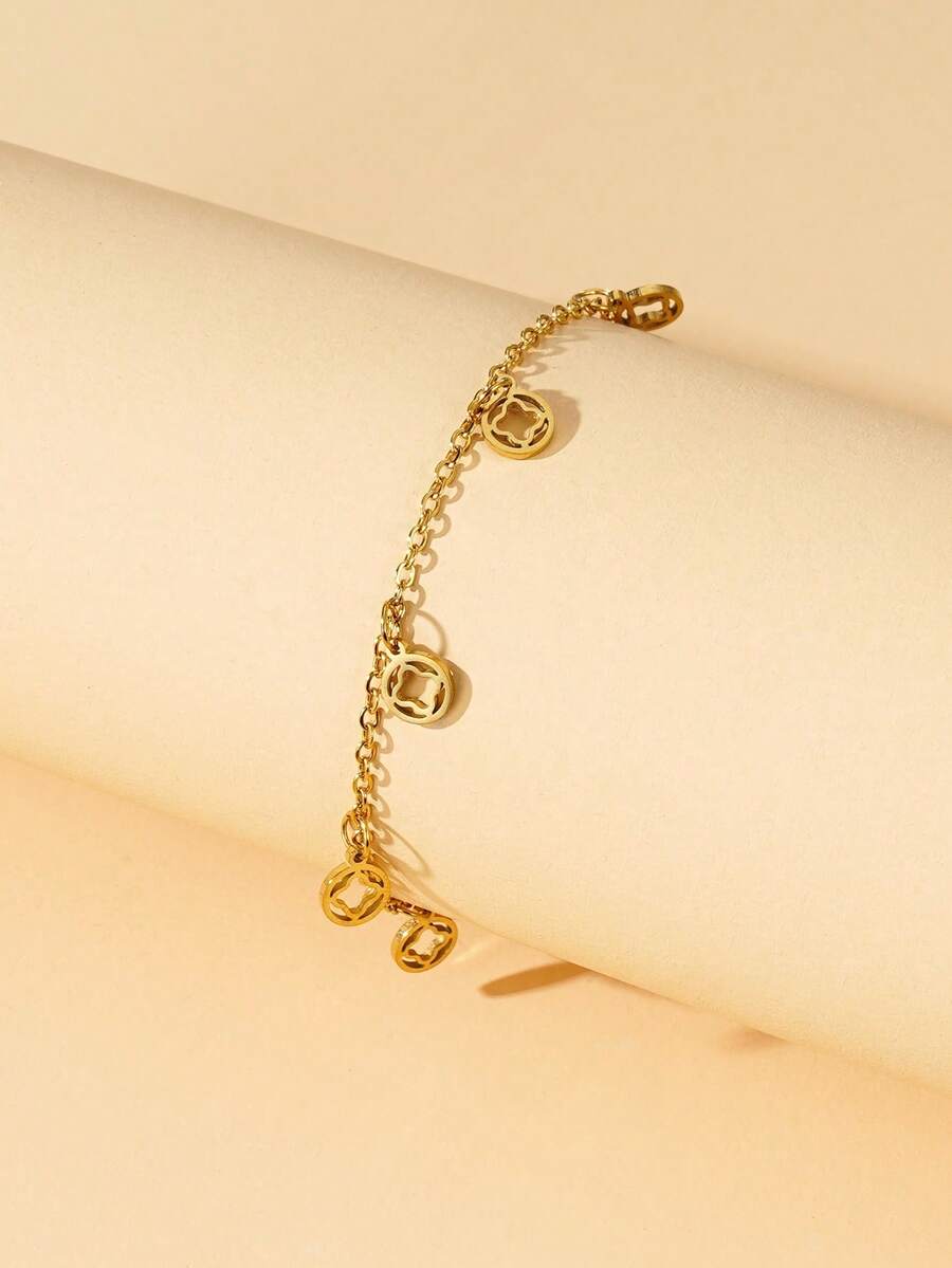 1pc 18K Gold Plated Titanium Steel Delicate Lucky Four-Leaf Clover Anklet, Daily Wear & Party Gift For Women - Multicolor - View 1