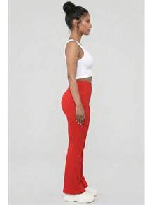 Women's Solid Color Rib Knit High Waisted Flare Pants For All Season Casual Basic Pants - Red - View 2