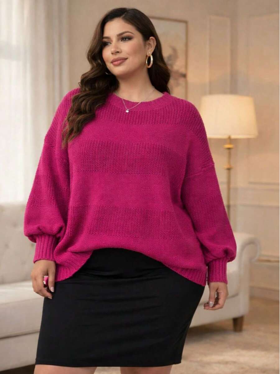 Plus Size Thick Knit Sweater, Large Size - Màu Hoa hồng đỏ - Xem 1