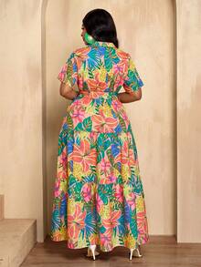 BIUBIU Damen Große Größen Maxi Kleid mit tropischem Blume Muster, Kurzarm, Knopfleiste und Gürtel, modischer und eleganter Sommerstil für den Urlaub - Farbe - Übersicht 2