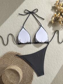 Solid Color Elegant Beaded Detail Halter Bikini Set For Beach Vacation Black Summer - Black - View 6