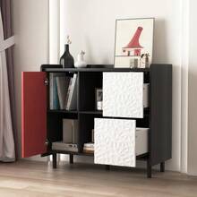 Sideboard/Display Cabinet, Black Furniture With Blue Doors, 2 Drawers With Single Panel And 2 Open Storage Compartments, Modern Furniture For Coffee Bar, Auxiliary Furniture For Kitchen, Dining Room. - 紅色 - 查看 5