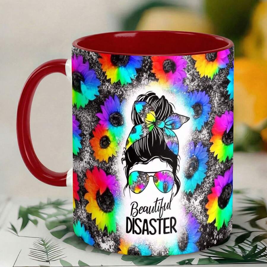1 pieza, Hermoso Desastre, Taza de cerámica de 11 onzas con diseño retro bohemio impreso de girasol arcoíris para el hogar, la oficina, el vaso, regalos locales para hombres y mujeres, amigos - Rojo - Ver 1