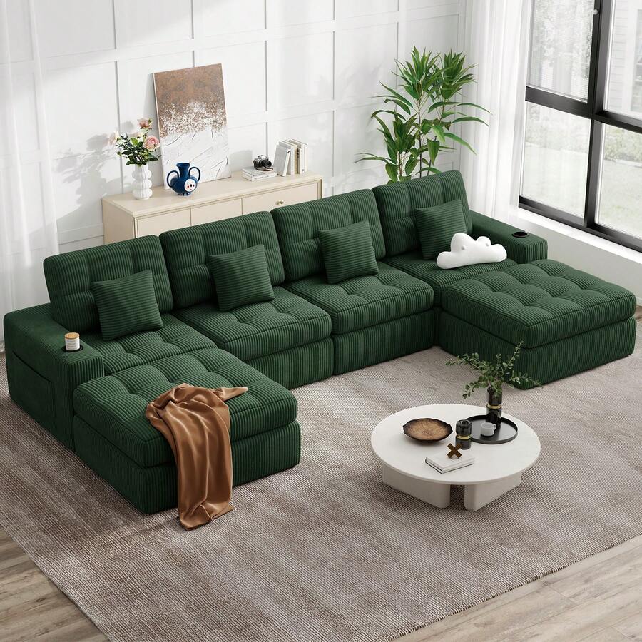 144" U Shaped Cloud Boneless Couch,Modern Modular Sectional Sofa With Layered Cushion,No Assembly Convertible Corduroy Couches For Living Room,Green 1 PCS - 綠色 - 查看 1