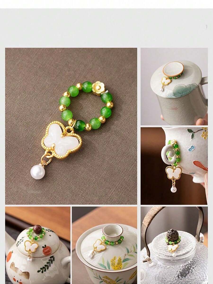 1件创意茶具吊坠配件,手工复古编织装饰,适用于茶壶盖、盖碗、茶杯把手 - 薄荷綠 - 查看 1