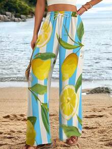 Chic Lemon Print Wide Leg Pants Stylish Striped Floral Citrus Design Lounge Pants For Women Summer Ladies Casual Wear - 彩色 - 查看 3