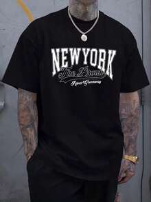 Camisetas de verano: Camiseta de manga corta para hombre con estampado de letras de Nueva York, ideal para un look casual y perfecta para actividades al aire libre, camiseta de algodón de talla grande. - Negro - Ver 6