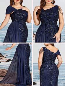 BluePlum Elastic Plus Size Elegant Sequin Embroidery Patchwork Asymmetric Neck Tassel Ruffle Beaded Mermaid Maxi Vintage Formal Gown For Cocktail Wedding Fall - Navy Blue - View 9