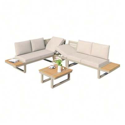 Gartenmöbel-Set, Umbaubar 2 Relaxbetten, Eckposition, Mit Verstellbarer Kippfunktion (5-Stufig, Bis 55°), Verzinktes Stahlrohr, Tischplatte Kunststoff-Holz, Mit Couchtisch, Mit Ablageflächen, Gray