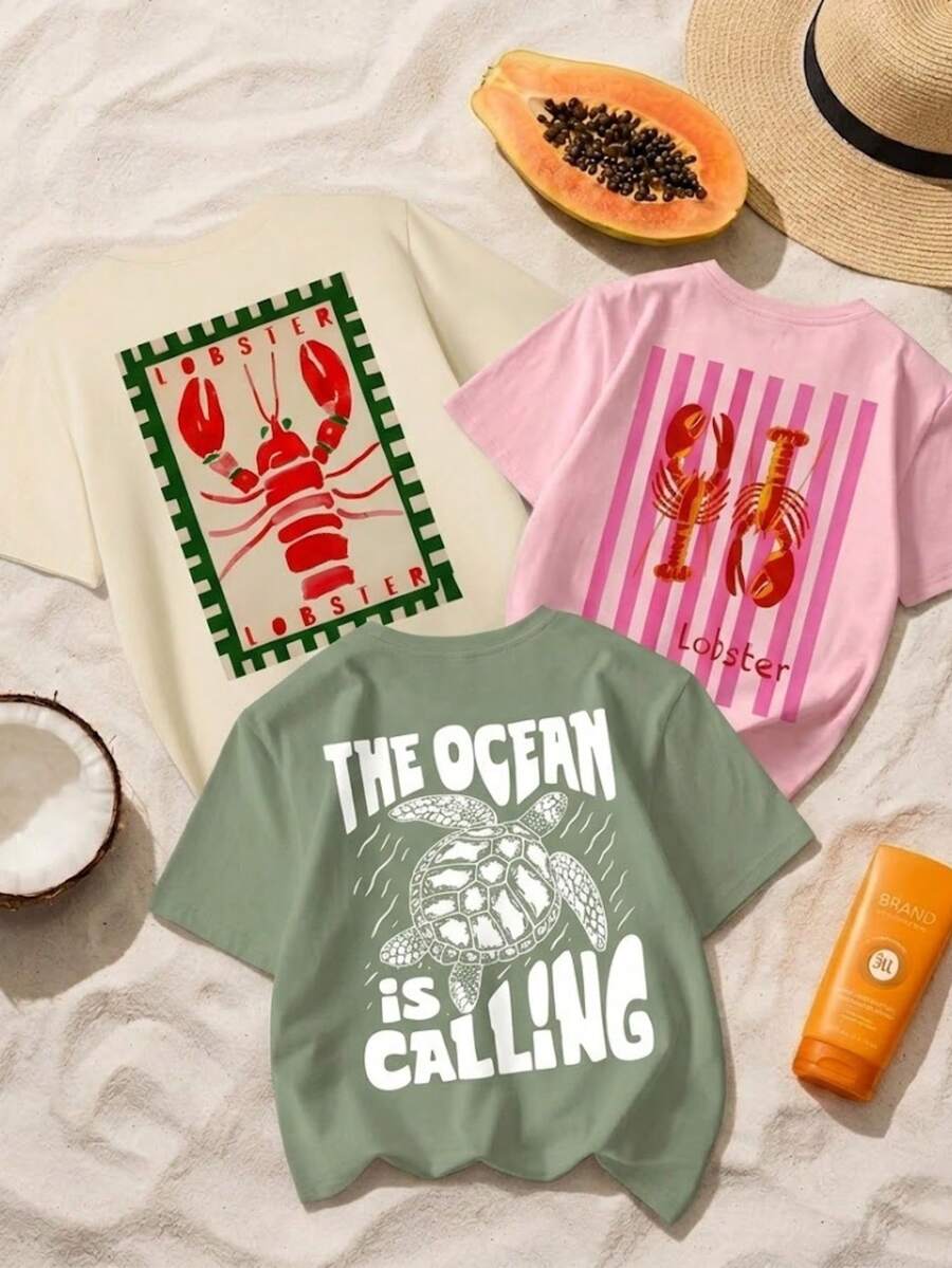 3件組女款「THE OCEAN」海龜+粉色條紋龍蝦印花彈性透氣棉質短袖T恤,復古美式休閒風 - 彩色 - 查看 1
