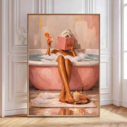1pc Framed/Unframed Pink Bathtub Martini Fashion Girl Canvas Poster Spa Bathroom Cocktail Scroll Wall Art Print Toilet Room Aesthetic Decor Painting For Apartment,Restroom,Living Room,Modern Home Decoration