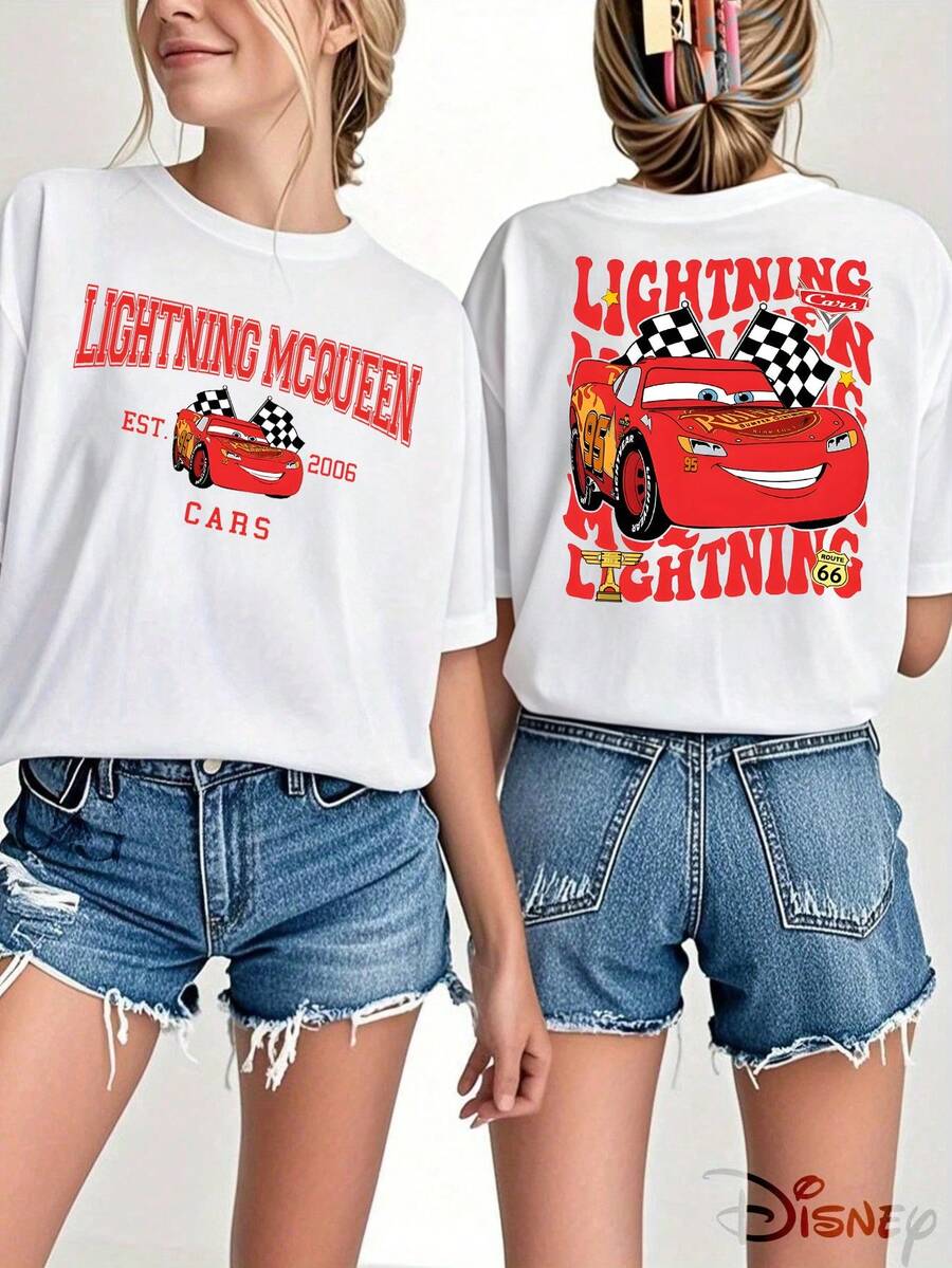 Disney Kids Cotton Lightning McQueen Print T-Shirt Casual Round Neck Short Sleeve Top, Men's Sizes Suitable For The Whole Family - 白色 - 查看 1