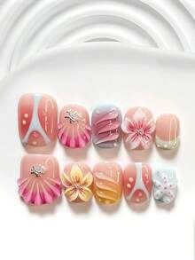 10件夏季海灘風手工穿戴式美甲，Polygel美甲套組，海星與五瓣花圖案，粉色、黃色與藍色指甲油，度假風，含美甲工具，3種尺寸可選，方形、短方形、杏仁形，適合派對、跳舞、日常配戴 - 彩色 - 查看 2