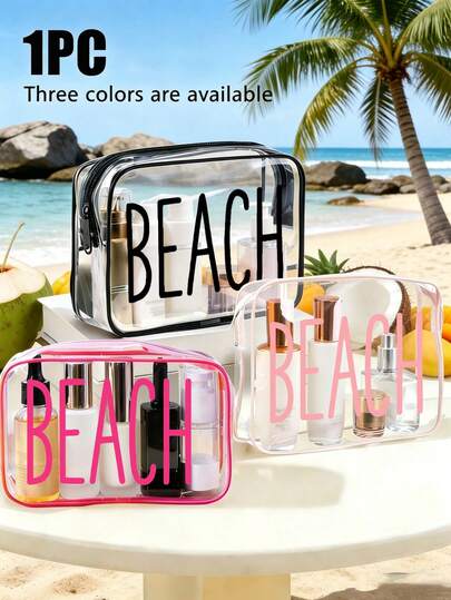 Large Capacity Zipper Travel Organizer Bag - Waterproof Beach Bag - Printed With Colorful "Beach" Letter, Suitable For Toiletries, Travel Cosmetics And Diving Bag. With Zipper Closure. Ideal For Storing Travel Documents, Passport, Fashionable Glasses, Skincare Products And Other Travel Essentials.