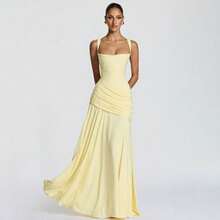 Elegant Women's Sleeveless Spaghetti Strap A-Line Maxi Dress, Sexy Backless Knit Fabric, Flared Hem Party Summer - Yellow - View 7
