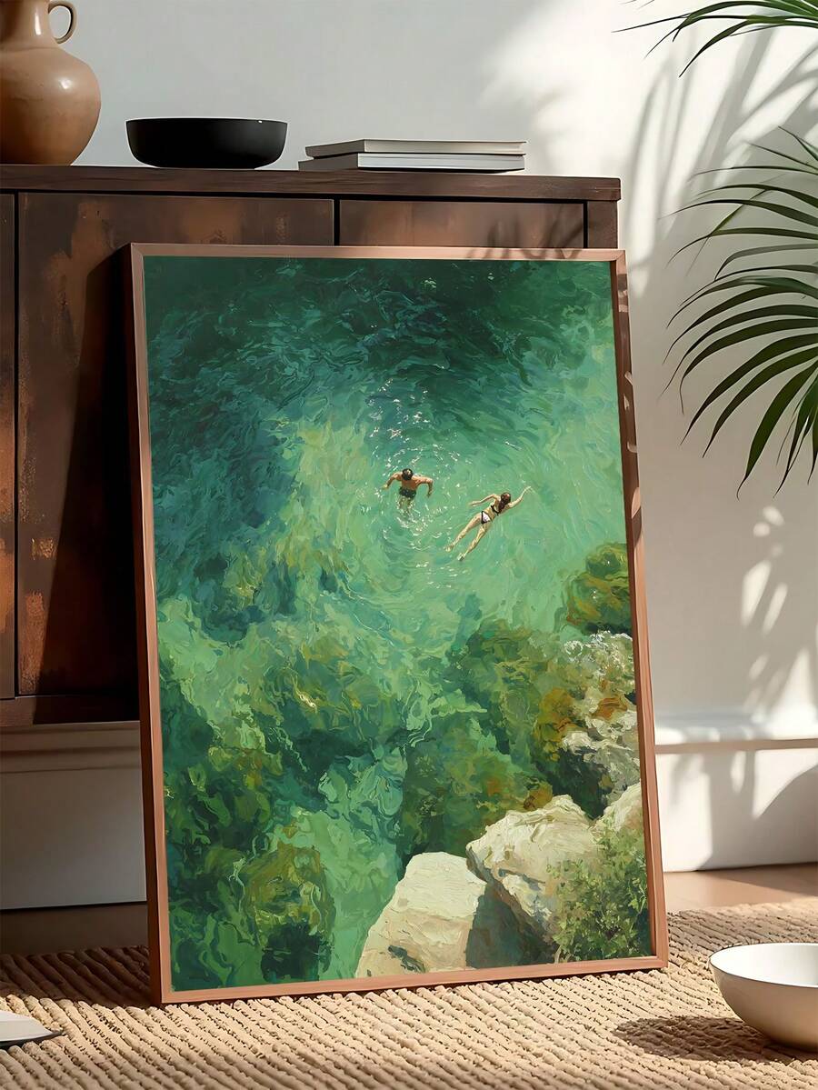 1件綠色泳池游泳抽象印花,日式北歐風印花,海邊別墅精美藝術印花,節日禮物,適用於臥室、客廳、廚房,牆面藝術,牆面裝飾,家居裝飾,房間裝飾,畫布牆面藝術,海報,帶框牆面藝術,可選框 - 1PCS - 查看 1