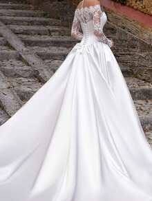 Lace Long Sleeve Satin Wedding Dress – Sheer Lace Sleeves With Strapless Satin Bodice And Full A-Line Skirt, Blending Soft Texture With Tailored Elegance; Fine Lace Detailing Adds Depth While Satin Provides Structured Flow; Ideal For Garden Weddings, Retro Ceremonies, Christmas Gatherings, Halloween Formal Evenings, Prom Nights And Birthday Celebrations – Vintage Inspired With Modern Grace - 白色 - 查看 5