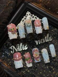 10pcs Handmade Fully Covered Square Nails Acrylic Kit, Light Blue Nails, Light Blue Tie Dye, White&Light Blue French Nails, Hand Drawn Three-Dimensional Water Ripples&Water Droplets - Baby Blue - View 2