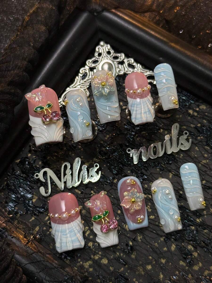 10pcs Handmade Fully Covered Square Nails Acrylic Kit, Light Blue Nails, Light Blue Tie Dye, White&Light Blue French Nails, Hand Drawn Three-Dimensional Water Ripples&Water Droplets