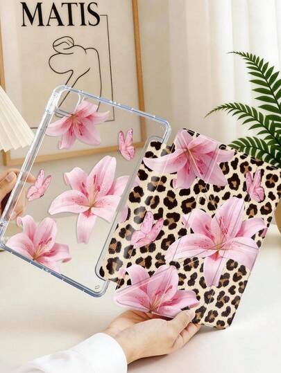 透明亚克力翻盖保护套，百合花和豹纹图案，适用于iPad，内置笔槽，高透明亚克力后盖，防弯折、防刮擦、防摔，8档角度可调支架，磁吸式/自动休眠/唤醒功能，趣味/创意/个性化平板电脑保护套（不含笔，部分型号带镜头框）