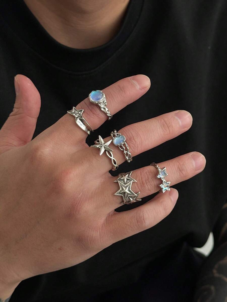 6pcs Vintage Y2K Star Shaped Silver Rings, Men's Moonstone Chain Adjustable Stacking Rings, Couple Cute Rings - Antique Silver - View 1