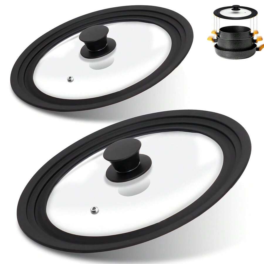 2 Piezas Tapa de Vidrio para Sartenes, Tapa de Vidrio de Silicona, Tapa Universales para Ollas de 20 22 24 26 28 30 cm, con Ventilación para Vapor y Mango de Tacto - Negro - Ver 1