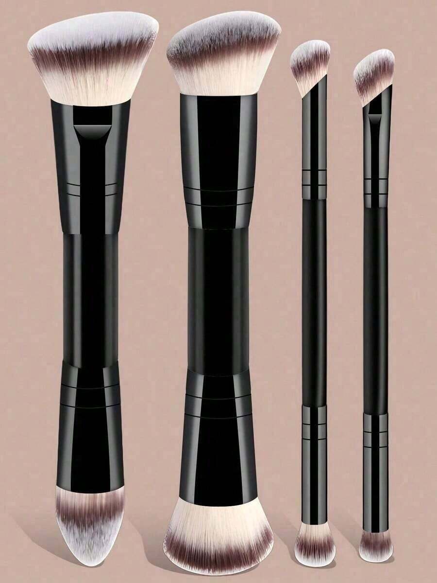 4-Piece Professional Double-Ended Makeup Brush Set - Includes Foundation Brush, Contour Brush, Blush Brush, Powder Brush, Eyeshadow Brush, Concealer Brush, Highlighter Brush, And Blending Brush.   Soft Fiber Bristles, Easy To Carry, An Excellent Gift For Women And Girls.   Makeup Brush Set, Makeup Brush Tool Set, Makeup Brush Set, Complete Makeup Tool Set, Makeup Brush Set, Complete Makeup Tool Kit, Brush Set, Makeup Brush Gift Set, Set, Gift, Professional Makeup Brush, Complete Makeup Set - 黑色 - 查看 1