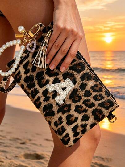 1 Pc Leopard Print Women'S Soft Pu Mini Coin Purse With 26 Letters A-Z And Pearl Chain,Elegant Mini Purse,Cute Charm Bag, Elegant Wallet For Women,Sparkling Keychain,Compact Pouch, Coin Holder, Fashionable Pu Wallet For Daily,Credit Card Holder, Id Card Case, Lipstick Makeup Pouch, For Storing Id Cards, Bank Cards,For Shopping, Travel, Vacation, Parties, Weddings, Anniversaries.,Women'S Car Key Pouch, Synthetic Leather Gift Bag For Wife Or,