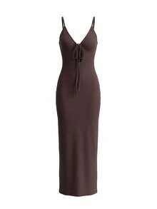 LovelyWholesale Đầm dài ôm sát nữ gợi cảm cổ V sâu, phối ren rỗng và dây buộc, mùa hè - màu nâu - Xem 7