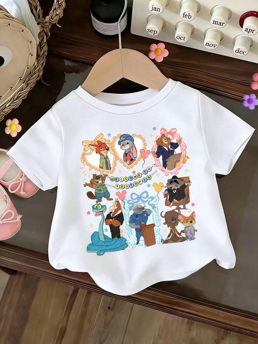 Disney Zootopia Kids' T-Shirt! Judy, Nick Leodo, Mayor Lion, Director Bull - WILCOME TO ZOOTOPIA Print Pattern Summer Tops,Short-Sleeved Casual And Cute Style  Children's Clothing Design, Girl Clothes For Kids Clothes ,Ropa Para Niños,Teen Girls Clothes, Summer Clothes,Boys Summer Outfits,Boys Clothes,Perfect For Cool Girls. Comfortable And Breathable Children's Short-Sleeved T-Shirt. Comfortable And Casual Wear All Year Children's Clothes,Comfortable & Lightweight, Iconic Print For Mix-And-Match Outfits,Suitable For Both Boys And Girls. - White - View 1