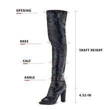 Women's Sequined Over-The-Knee Boots, Open-Toe Over-The-Knee Boots, Chunky Heel, Sparkly And Sexy High Boots, Party/Nightclub/Prom Women's Shoes - 黑色 - 查看 2
