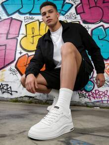 Men's Chunky Sole Skate Shoes, White Leather High Tops With Stitched Detail - 白色 - 查看 5
