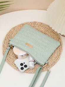 1pc Women's Envelope Bag, Hollow Out Jacquard Niche Design Ladies Shoulder Bag, Fashion Minimalist Female Bag, Crochet Bag, Contrast Color Patchwork PU Material Crossbody Bag, Sweet Lady Cute Crossbody Small Bag, Beige Color Clutch, Mini Beach Bag Wristlet Coin Purse Shoulder Crossbody Bag, Women Handbag Spring Summer New Versatile - Mint Green - View 7