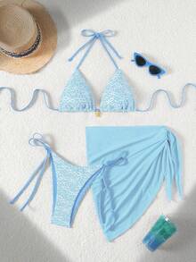 Swim Mod 3pcs/Set Summer Beach Vacation Floral Textured Fabric Gold Flower Decor Halter Top, Side Tie Swimwear Bottoms And Solid Color Mesh Skirt Beach Vacation Bikini Outfit Sets For Women Vacation Ladies Swimwear Set Swimwear 3 Pieces Set Bathing Suits For Women 3 Piece Set Beach Set For Women Skirt Bikini Set Baby Blue Two Piece Blue Beach Outfit Boho Bikini Light Blue Bikini - 淺藍色 - 查看 4